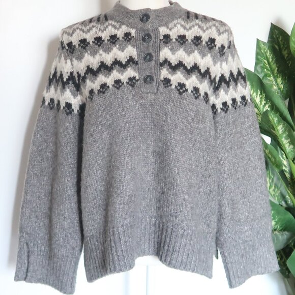 Zara Gray Fair Isle Henley Alpaca Knit Blend Long Sleeve Sweater Women’s Size S - Picture 9 of 16